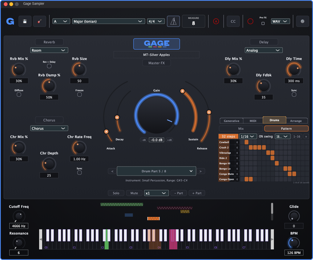 GAGE Sampler with a drum part selected, showing the Drums tab's step pattern
