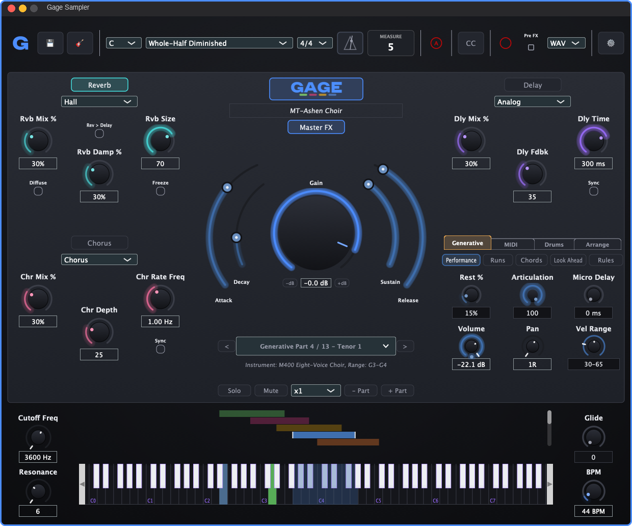 GAGE Sampler playing a template: the generative engine's parts light up keys across the keyboard